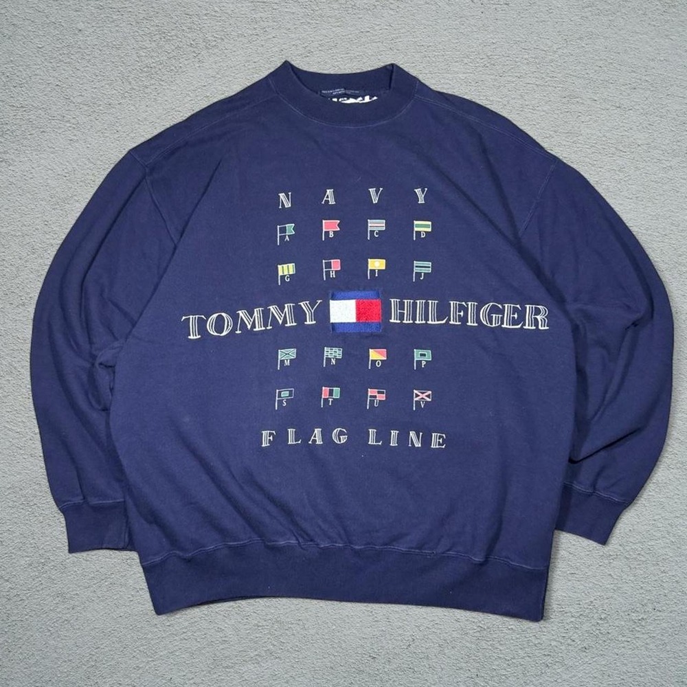 Vintage Tommy Hilfiger Flag Line Navy Blue Cotton Sweatshirt Mens XL Hong Kong